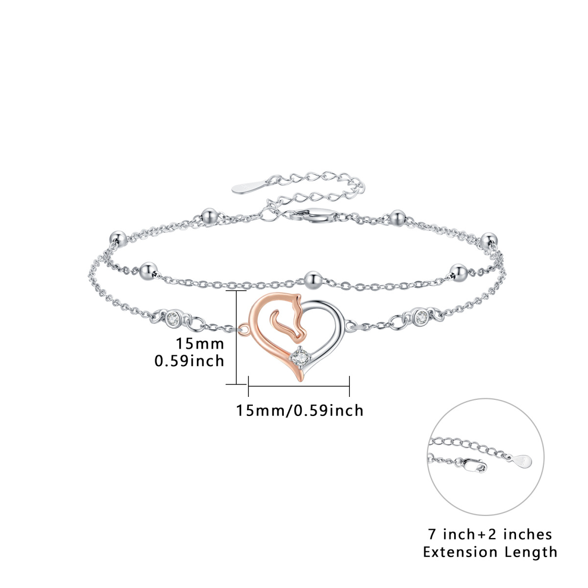 Sterling Silver Two-tone Circular Shaped Zircon Horse & Heart Layerered Bracelet-4