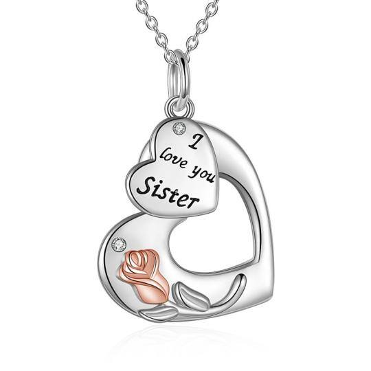 Sterling zilveren tweekleurige cirkelvormige zirkoon roos & hart hanger ketting met gegraveerd woord