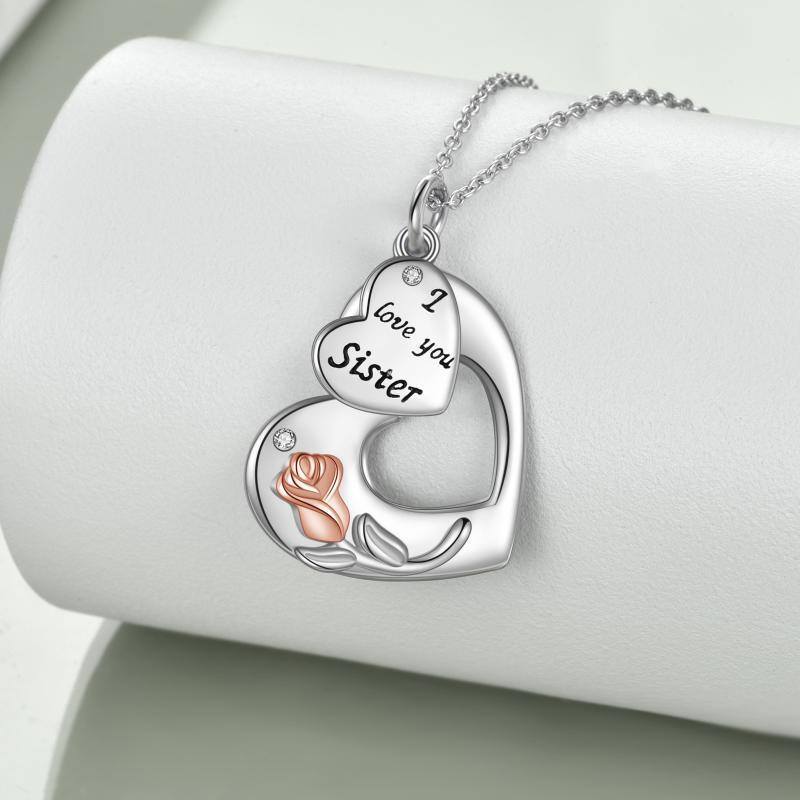 Sterling Silver Two-tone Circular Shaped Zircon Rose & Heart Pendant Necklace with Engraved Word-3