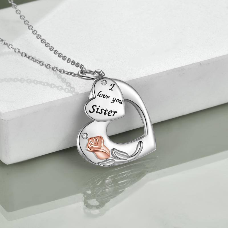 Sterling Silver Two-tone Circular Shaped Zircon Rose & Heart Pendant Necklace with Engraved Word-4