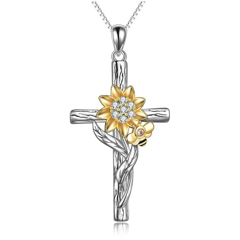 Sterling Silver Two-tone Circular Shaped Zircon Sunflower & Cross Pendant Necklace-1
