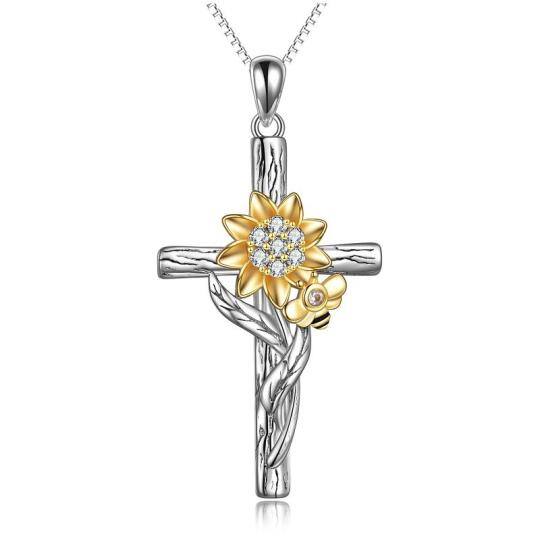 Sterling Silver Two-tone Circular Shaped Zircon Sunflower & Cross Pendant Necklace