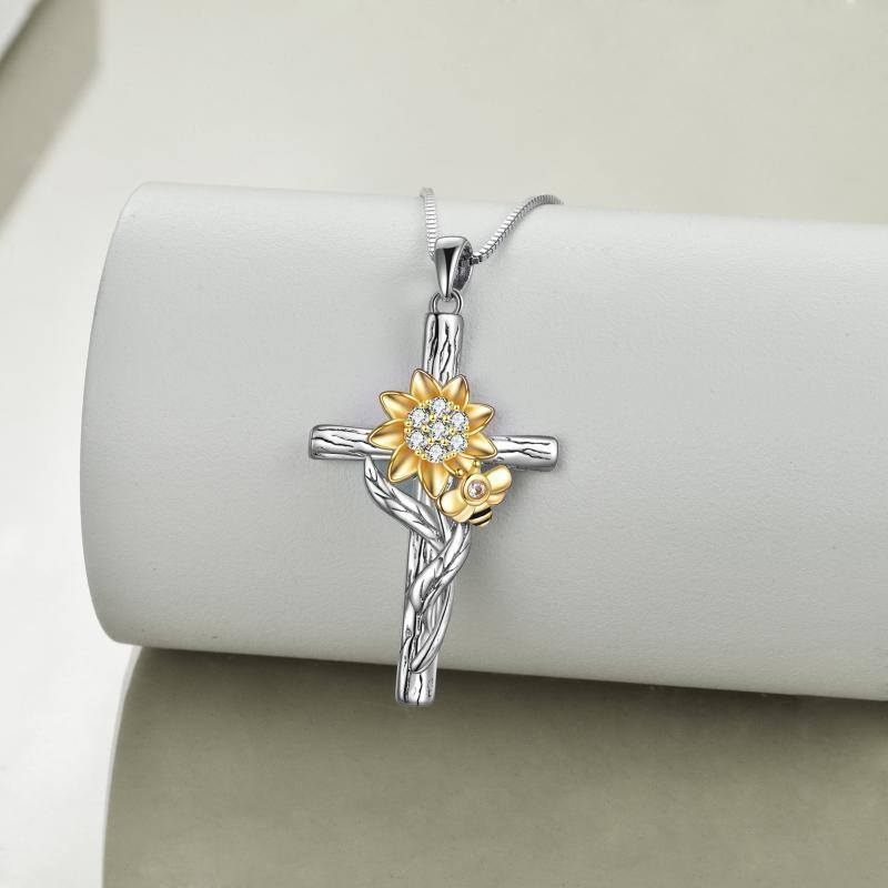 Sterling Silver Two-tone Circular Shaped Zircon Sunflower & Cross Pendant Necklace-3