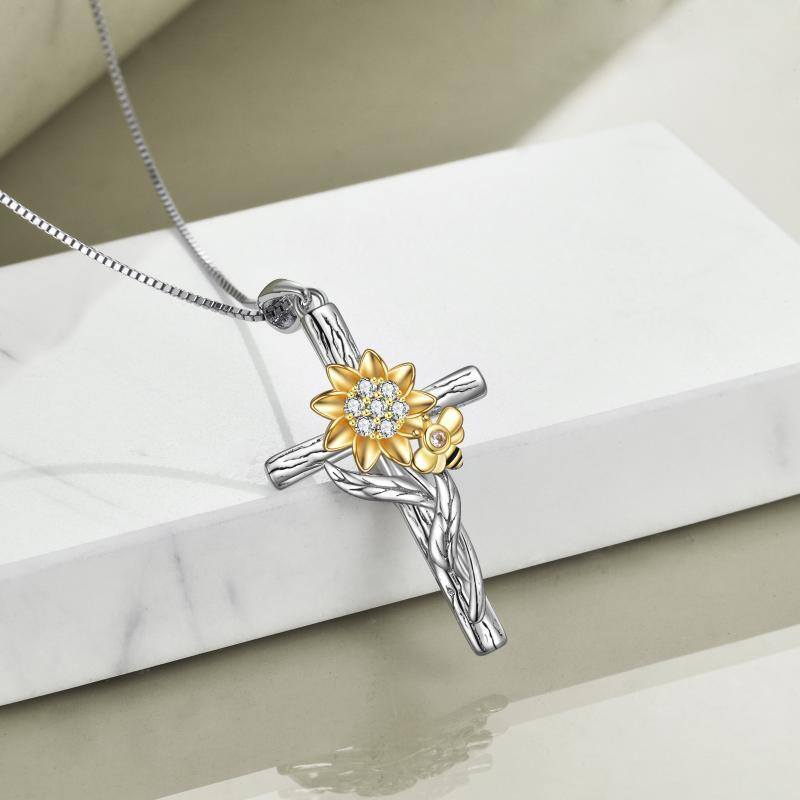 Sterling Silver Two-tone Circular Shaped Zircon Sunflower & Cross Pendant Necklace-4