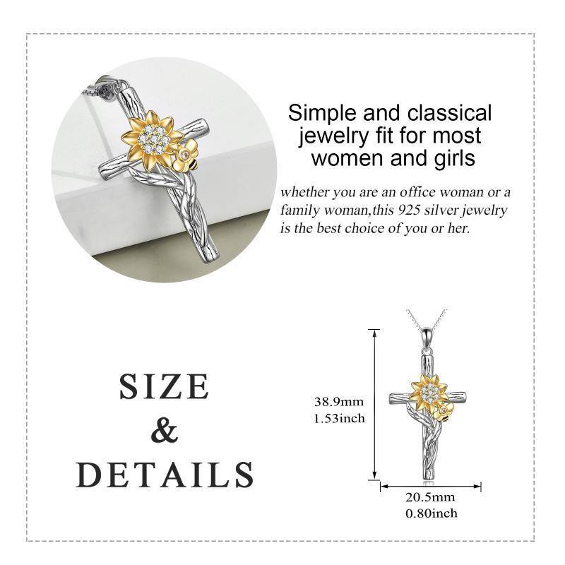 Sterling Silver Two-tone Circular Shaped Zircon Sunflower & Cross Pendant Necklace-5