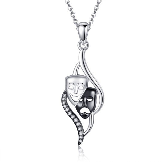 Sterling Silver Two-tone Comedy and Tragedy Mask Cubic Zirconia Pendant Necklace