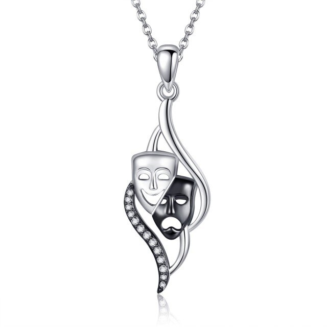 Collana con ciondolo in zirconia cubica con maschera da commedia e tragedia in argento sterling bicolore-1