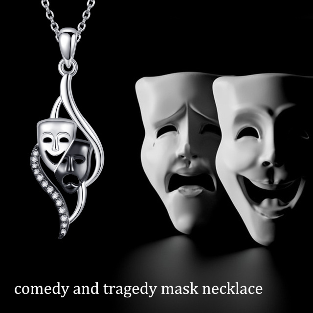 Sterling Silver Two-tone Comedy and Tragedy Mask Cubic Zirconia Pendant Necklace-6