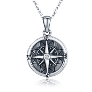 Sterling Silver Two-tone Cubic Zirconia Compass Pendant Necklace-45