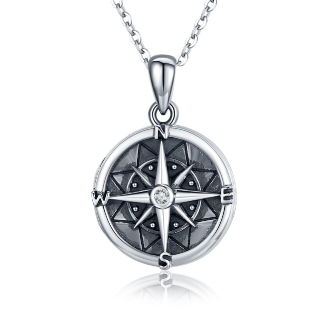 Sterling Silver Two-tone Cubic Zirconia Compass Pendant Necklace-4