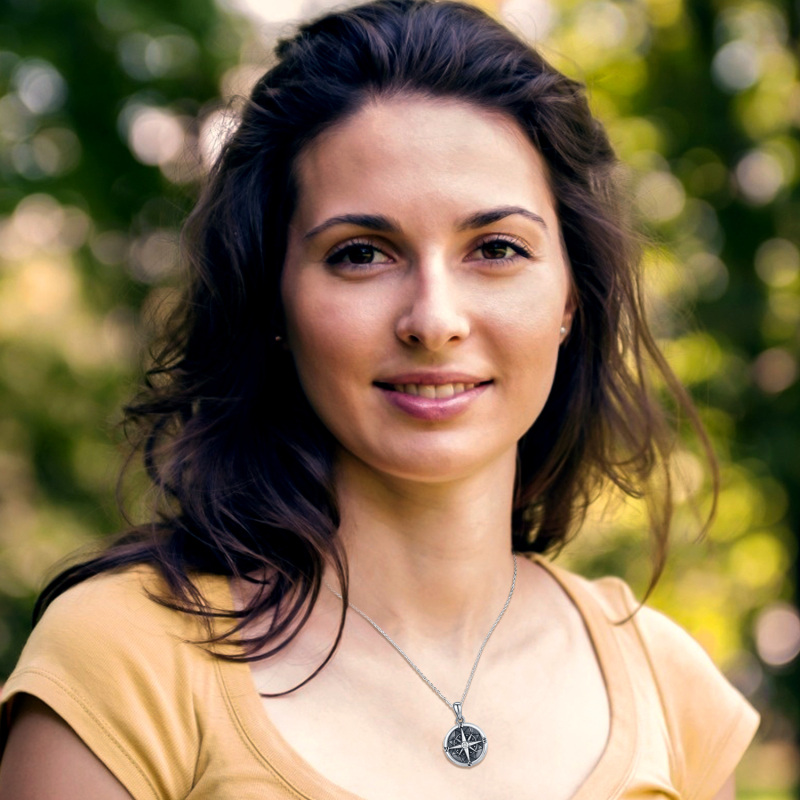 Sterling Silver Two-tone Cubic Zirconia Compass Pendant Necklace-2