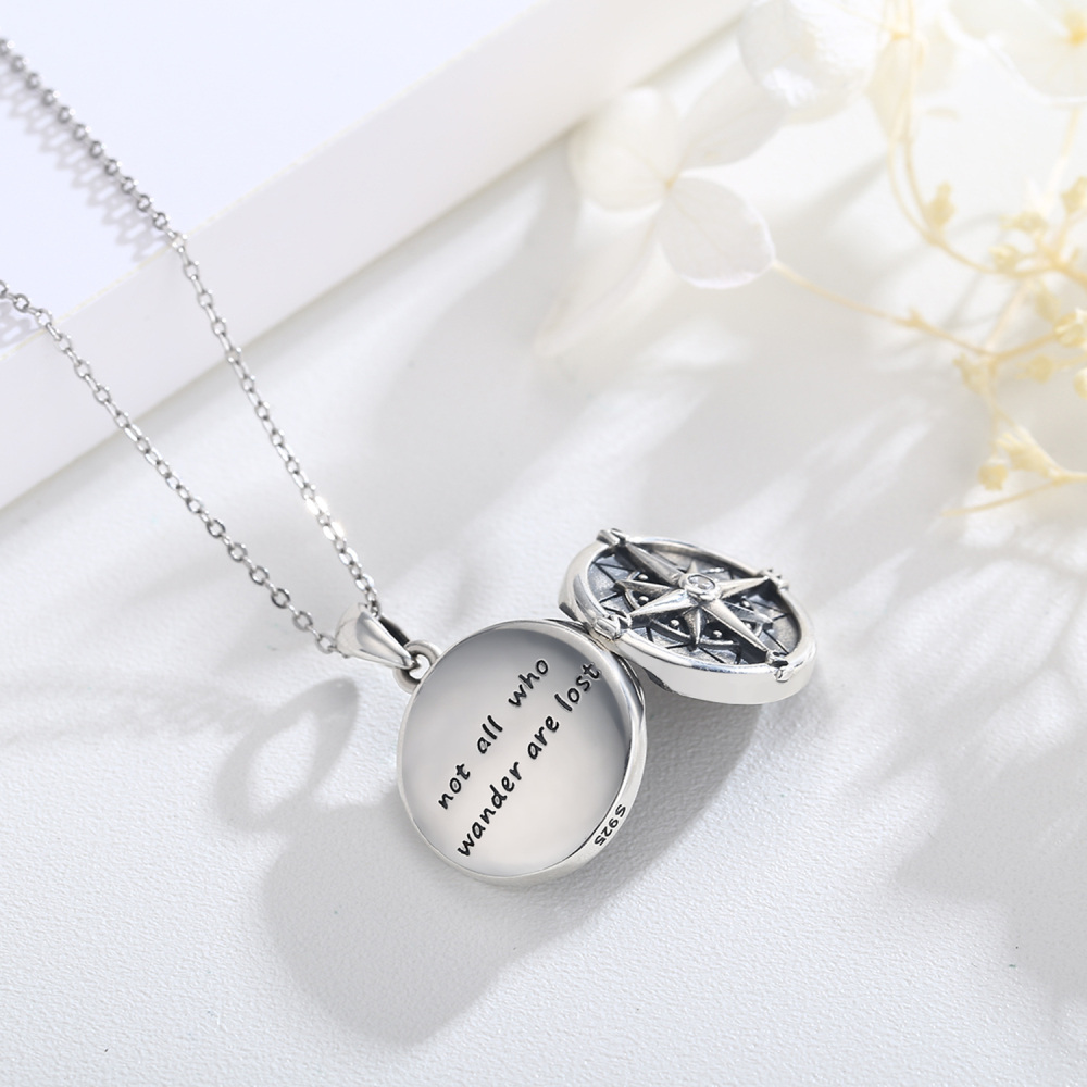 Sterling Silver Two-tone Cubic Zirconia Compass Pendant Necklace-4