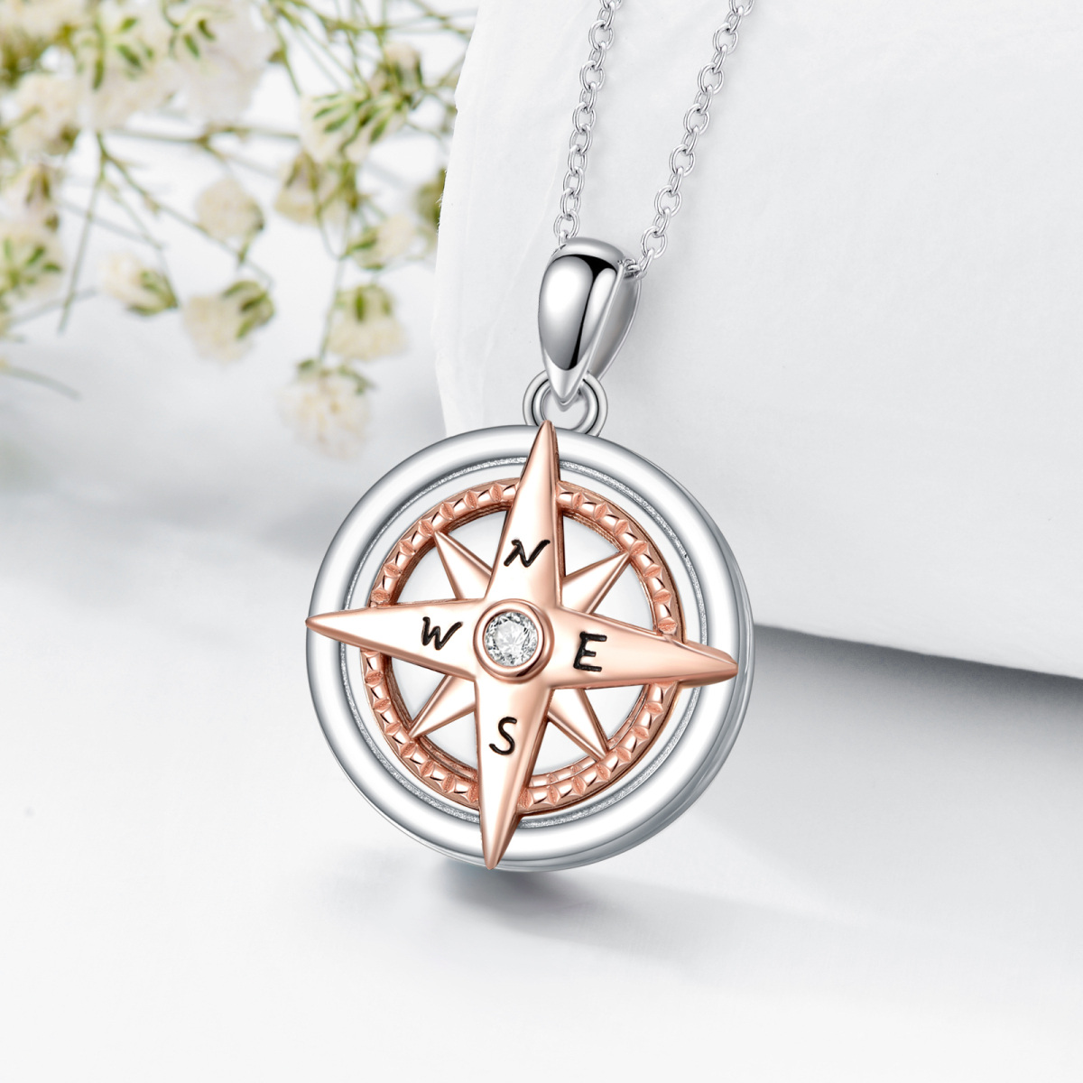 Sterling Silver Two-tone Cubic Zirconia Compass Personalized Photo Locket Necklace-6