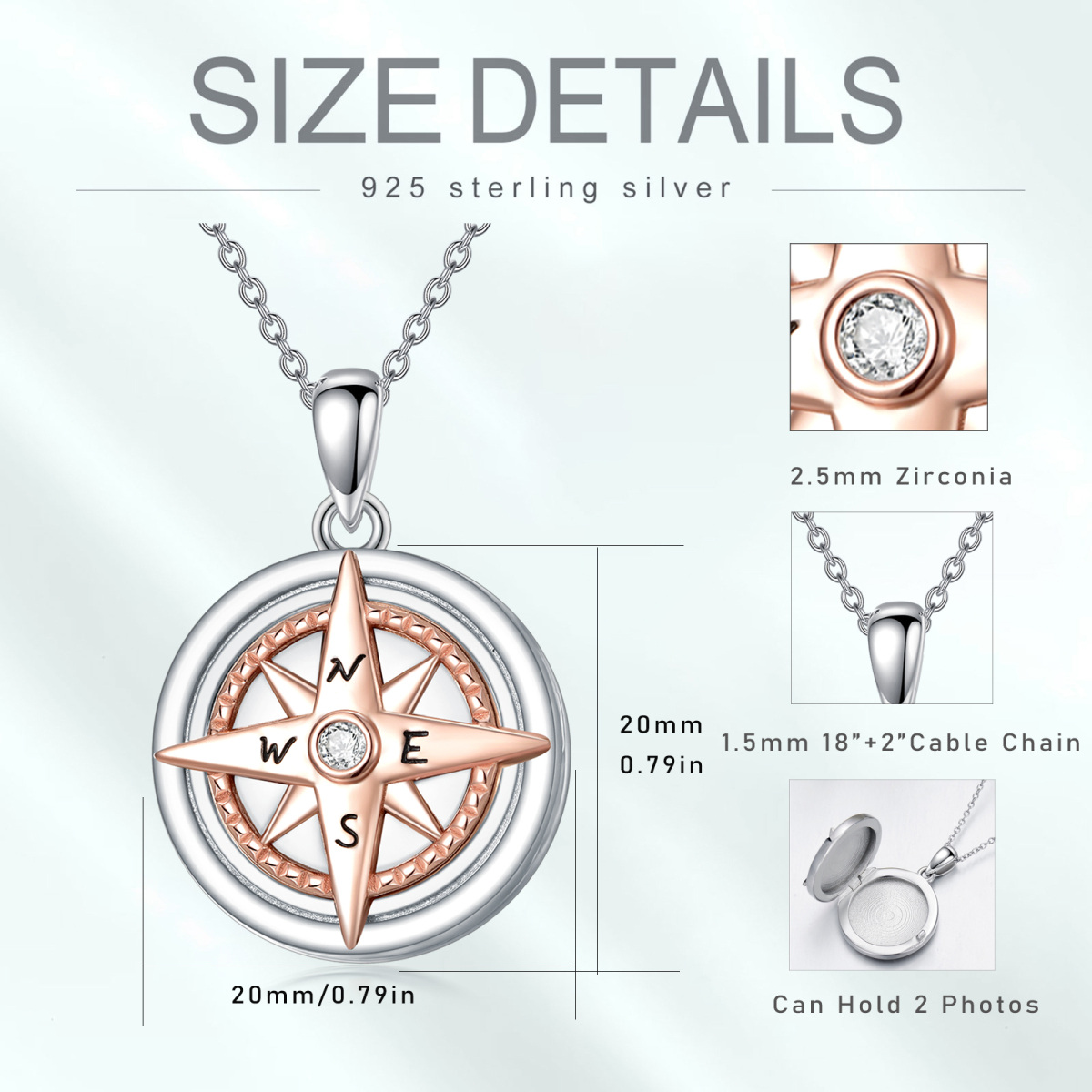 Sterling Silver Two-tone Cubic Zirconia Compass Personalized Photo Locket Necklace-7