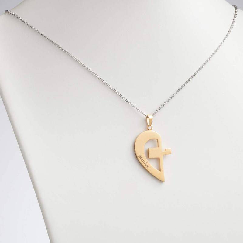 Casal de dois tons de prata esterlina e colar com pingente de cruz e coração para mulheres-2