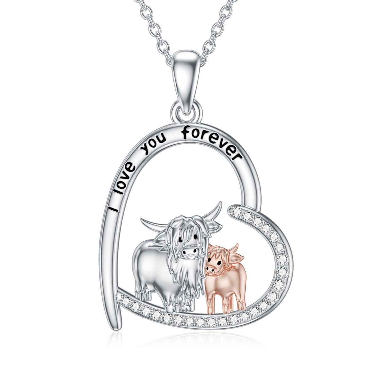 Sterling Silver Two-tone Cubic Zirconia Couple Highland Cow & Heart Pendant Necklace with Engraved Word-1