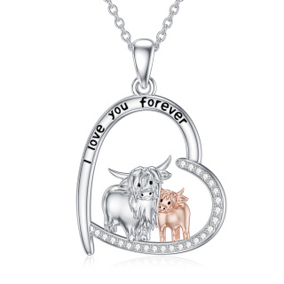 Sterling Silver Two-tone Cubic Zirconia Couple Highland Cow & Heart Pendant Necklace with Engraved Word-9