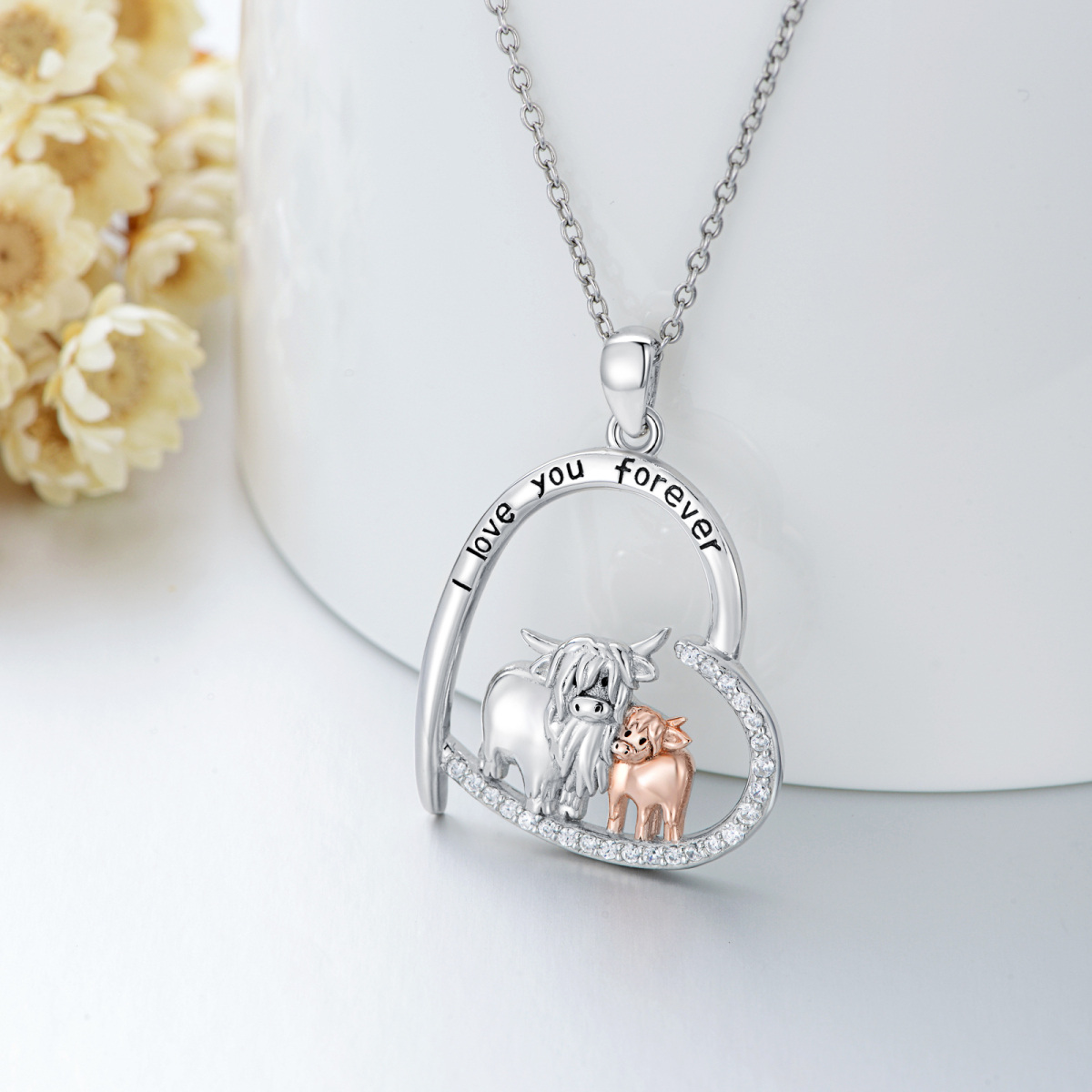 Sterling Silver Two-tone Cubic Zirconia Couple Highland Cow & Heart Pendant Necklace with Engraved Word-3