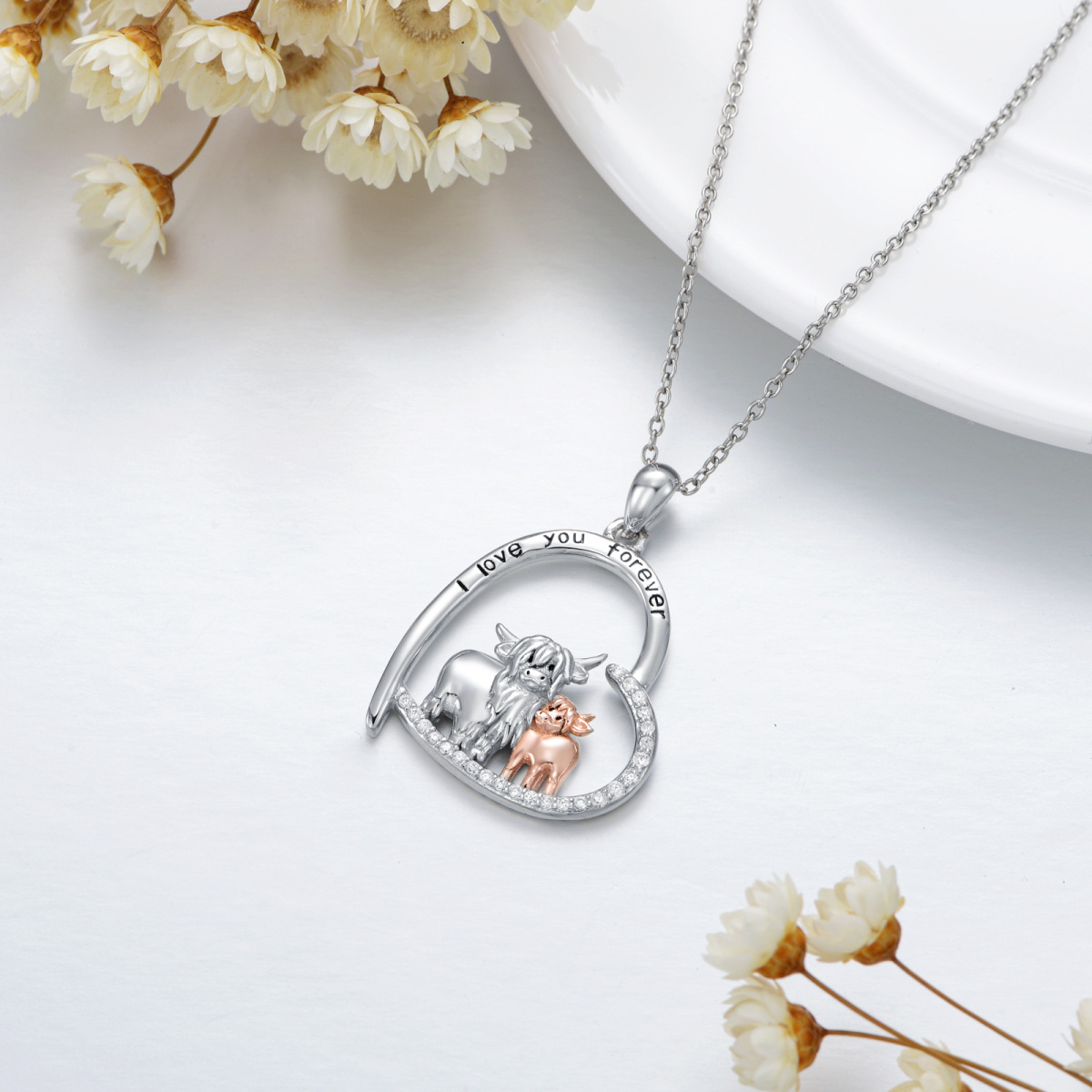 Sterling Silver Two-tone Cubic Zirconia Couple Highland Cow & Heart Pendant Necklace with Engraved Word-4