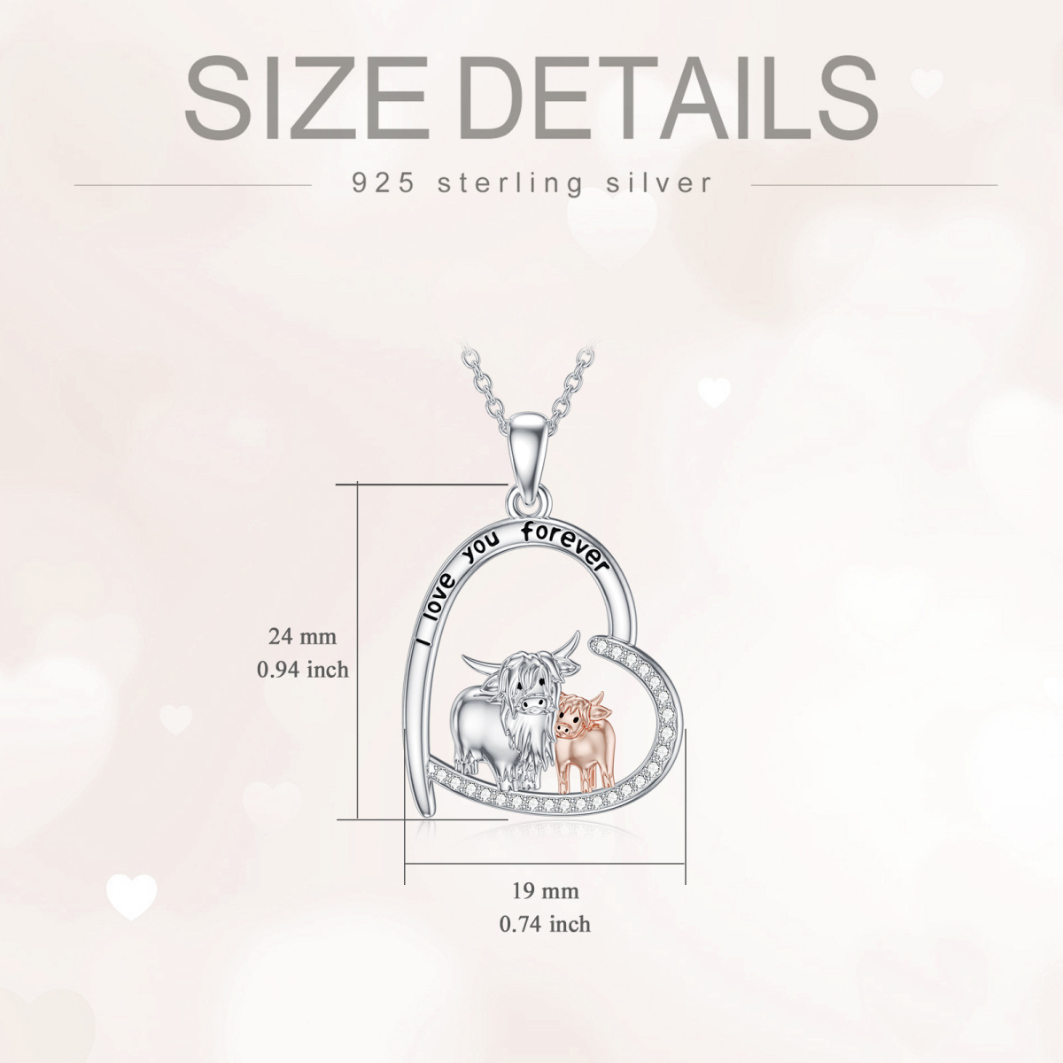 Sterling Silver Two-tone Cubic Zirconia Couple Highland Cow & Heart Pendant Necklace with Engraved Word-5