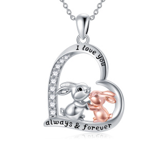 Sterling Silver Two-tone Couple Rabbit Heart Pendant Necklace with Engraved Word-4