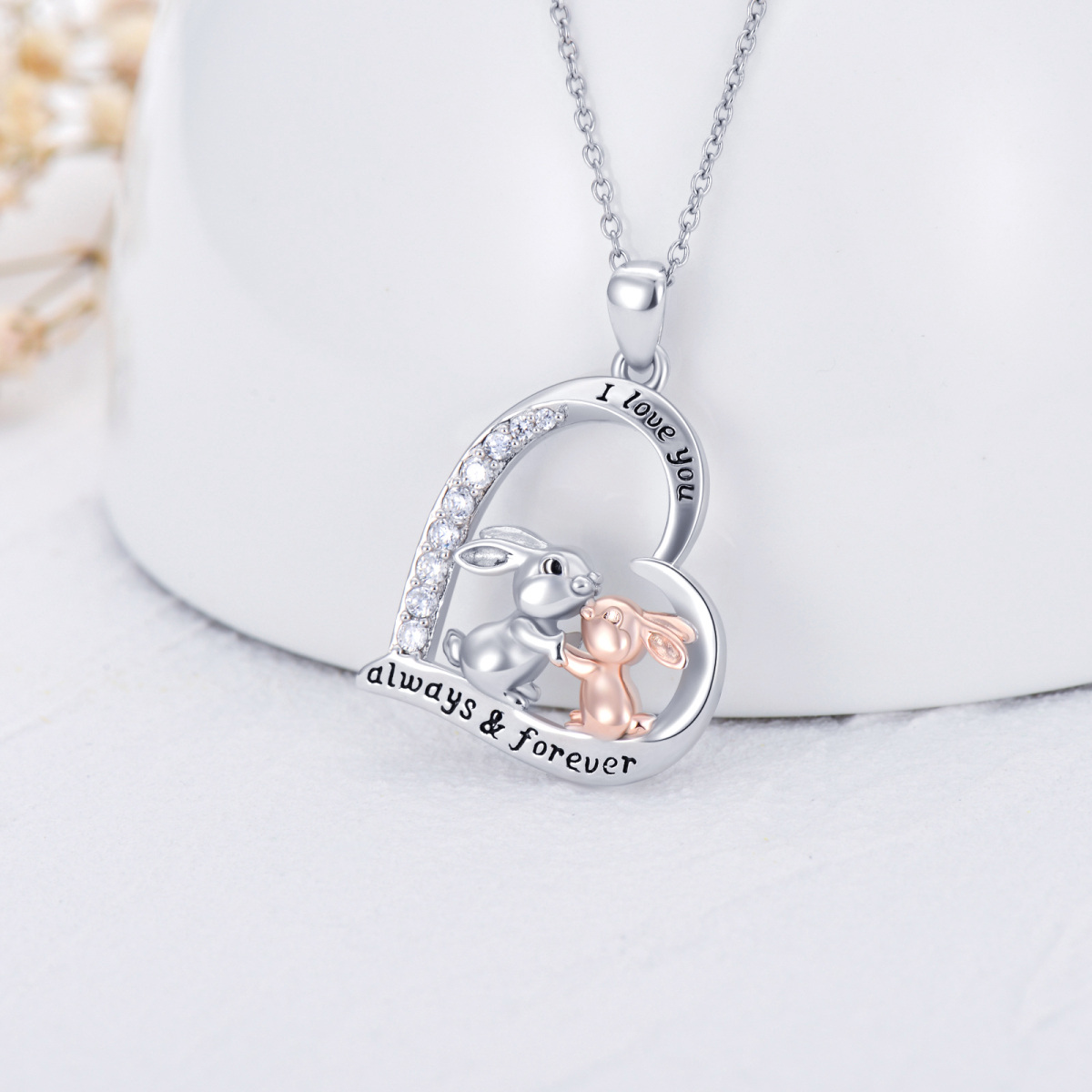 Sterling Silver Two-tone Couple Rabbit Heart Pendant Necklace with Engraved Word-3