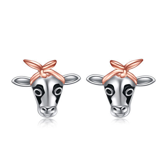 Sterling Silver Two-tone Cow & Bowknot Stud Earrings