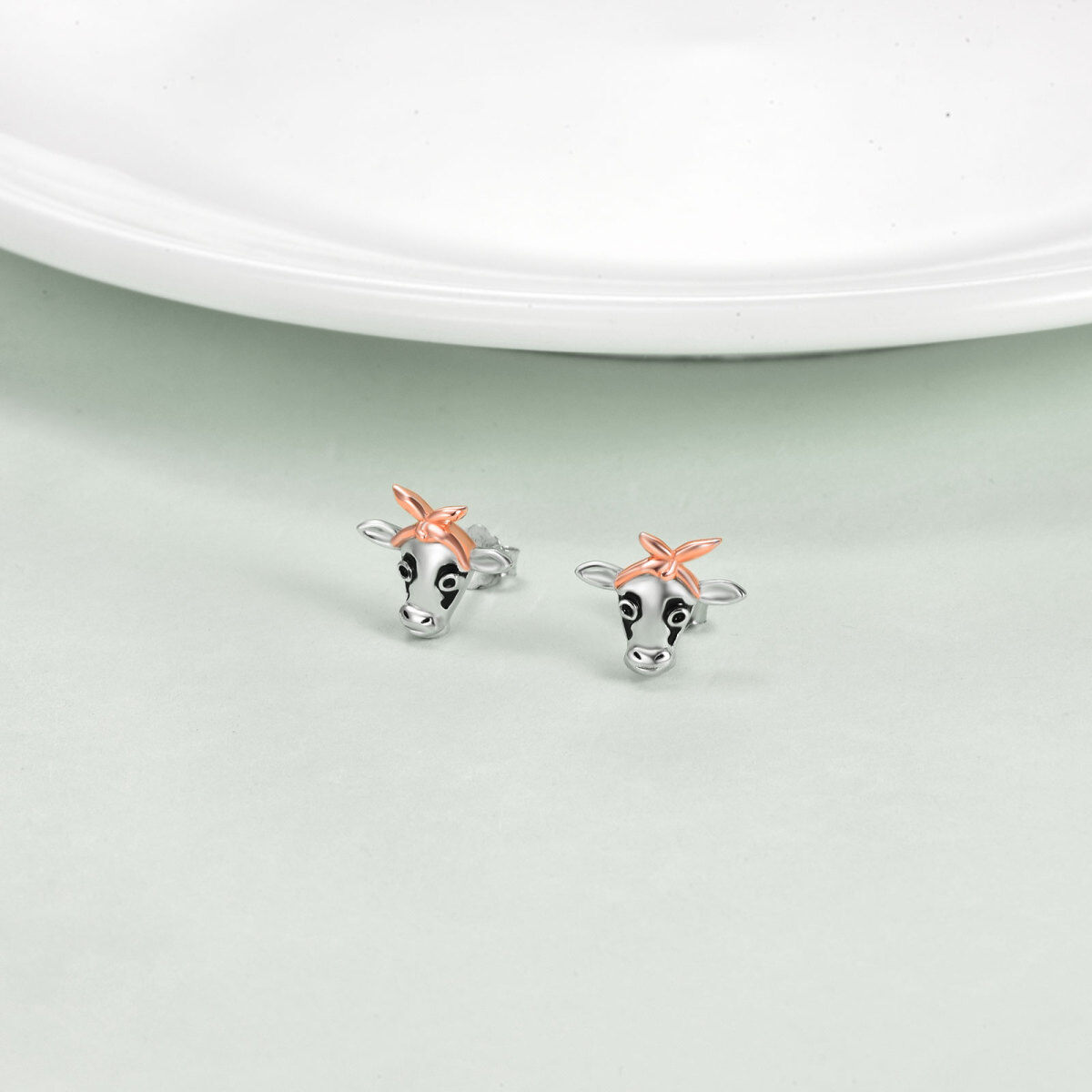 Sterling Silver Two-tone Cow & Bowknot Stud Earrings-3