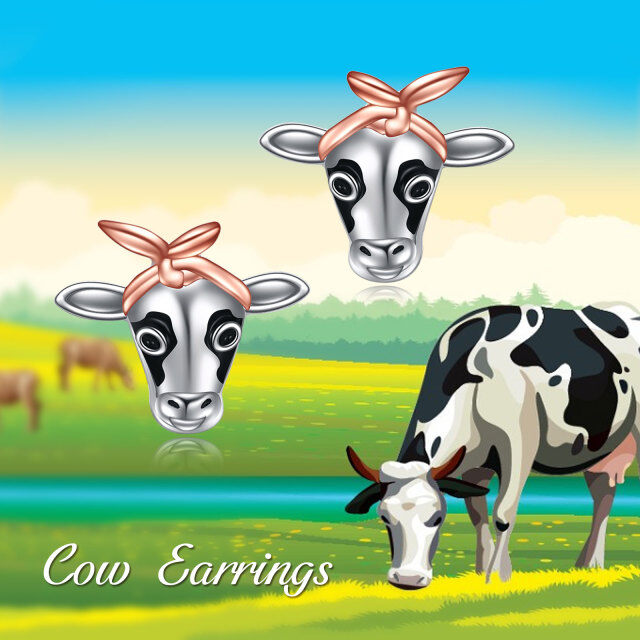 Sterling Silver Two-tone Cow & Bowknot Stud Earrings-6