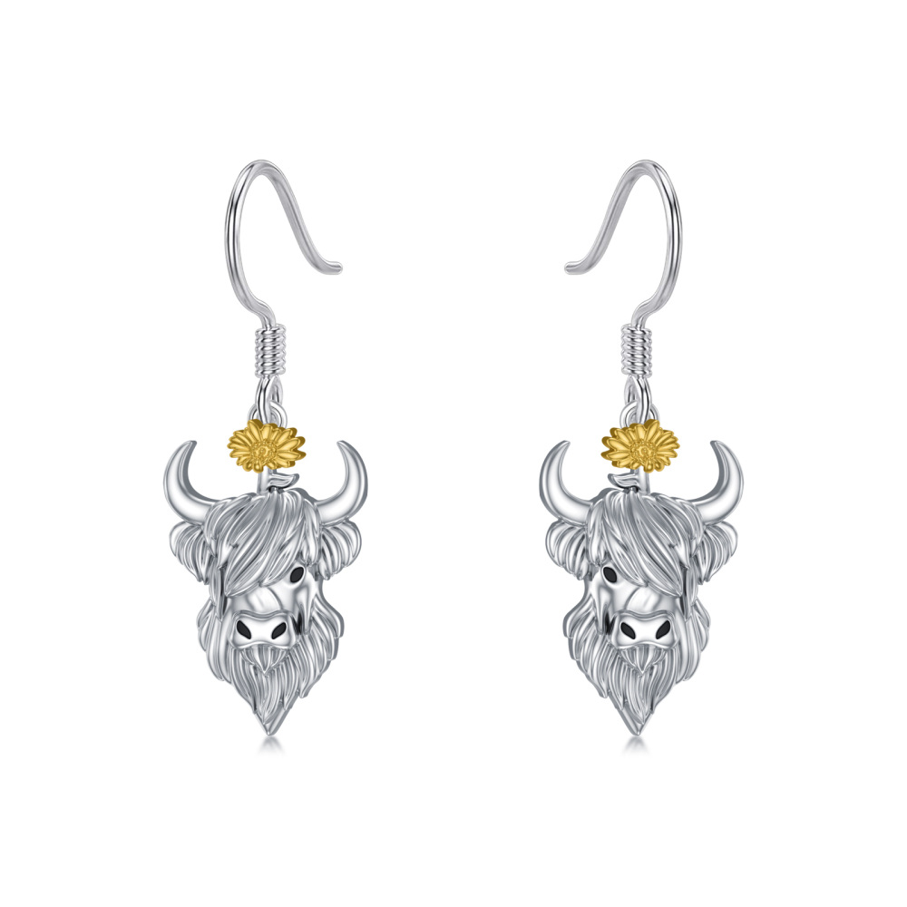 Sterling Silver Two-tone Cow Drop Earrings-1