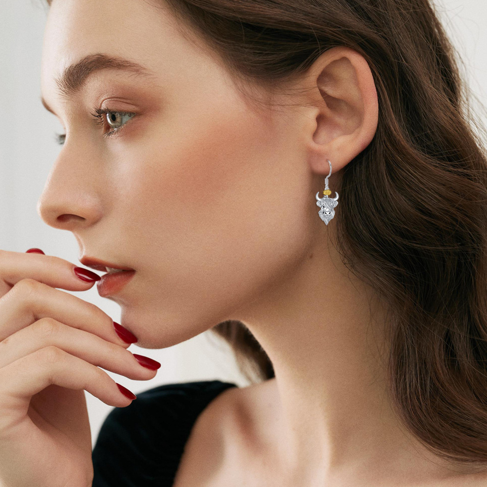 Sterling Silver Two-tone Cow Drop Earrings-2