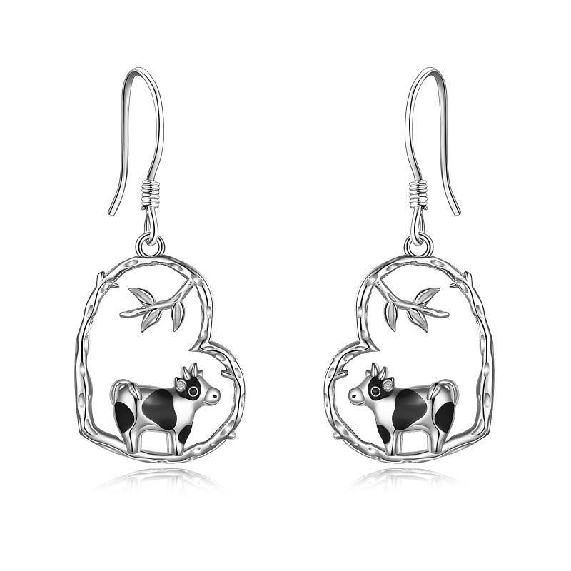 Sterling Silver Two-tone Cow & Heart Drop Earrings-1