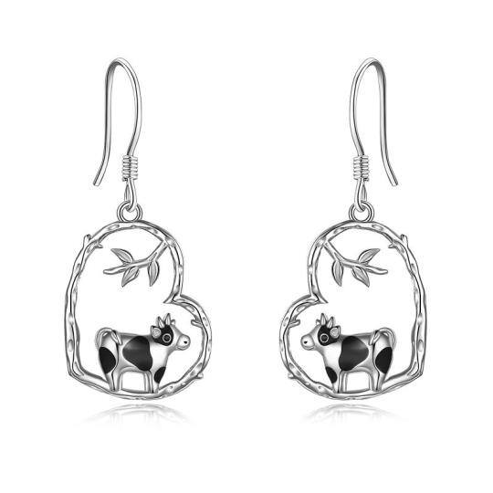 Sterling Silver Two-tone Cow & Heart Drop Earrings