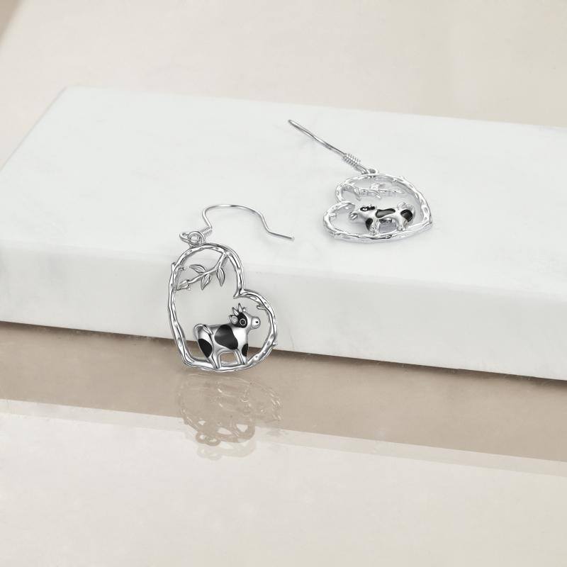 Sterling Silver Two-tone Cow & Heart Drop Earrings-3