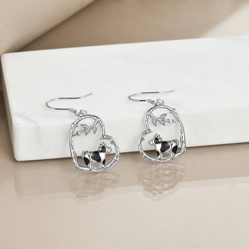 Sterling Silver Two-tone Cow & Heart Drop Earrings-4