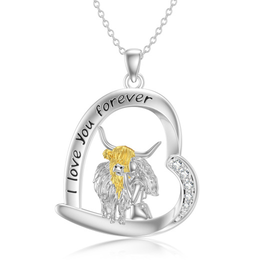 Sterling Silver Two-tone Cubic Zirconia Cow & Heart Pendant Necklace with Engraved Word