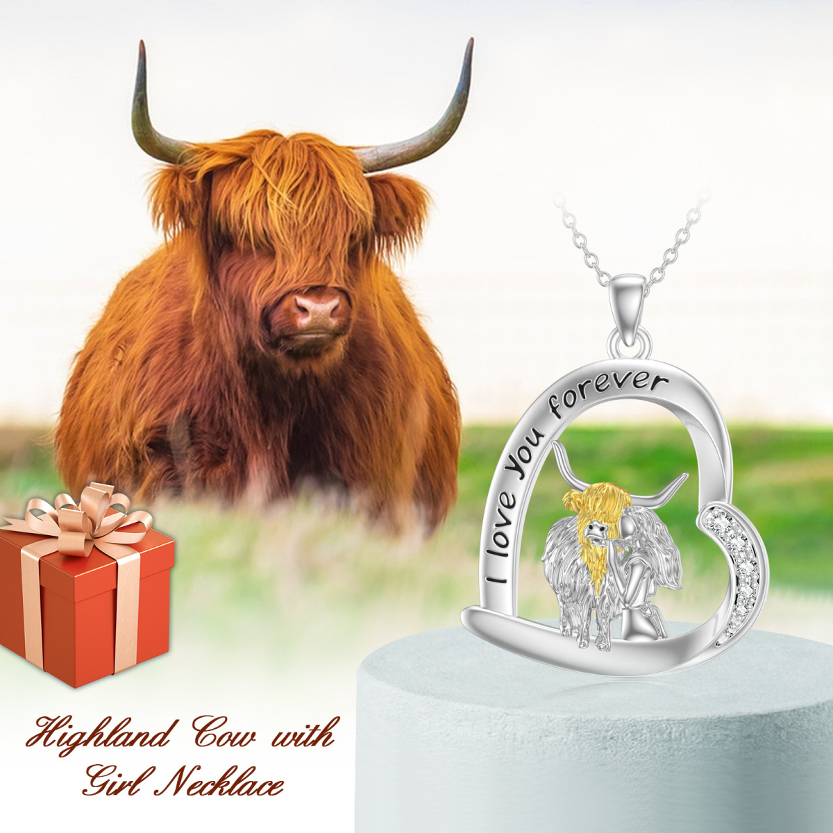 Sterling Silver Two-tone Cubic Zirconia Cow & Heart Pendant Necklace with Engraved Word-3