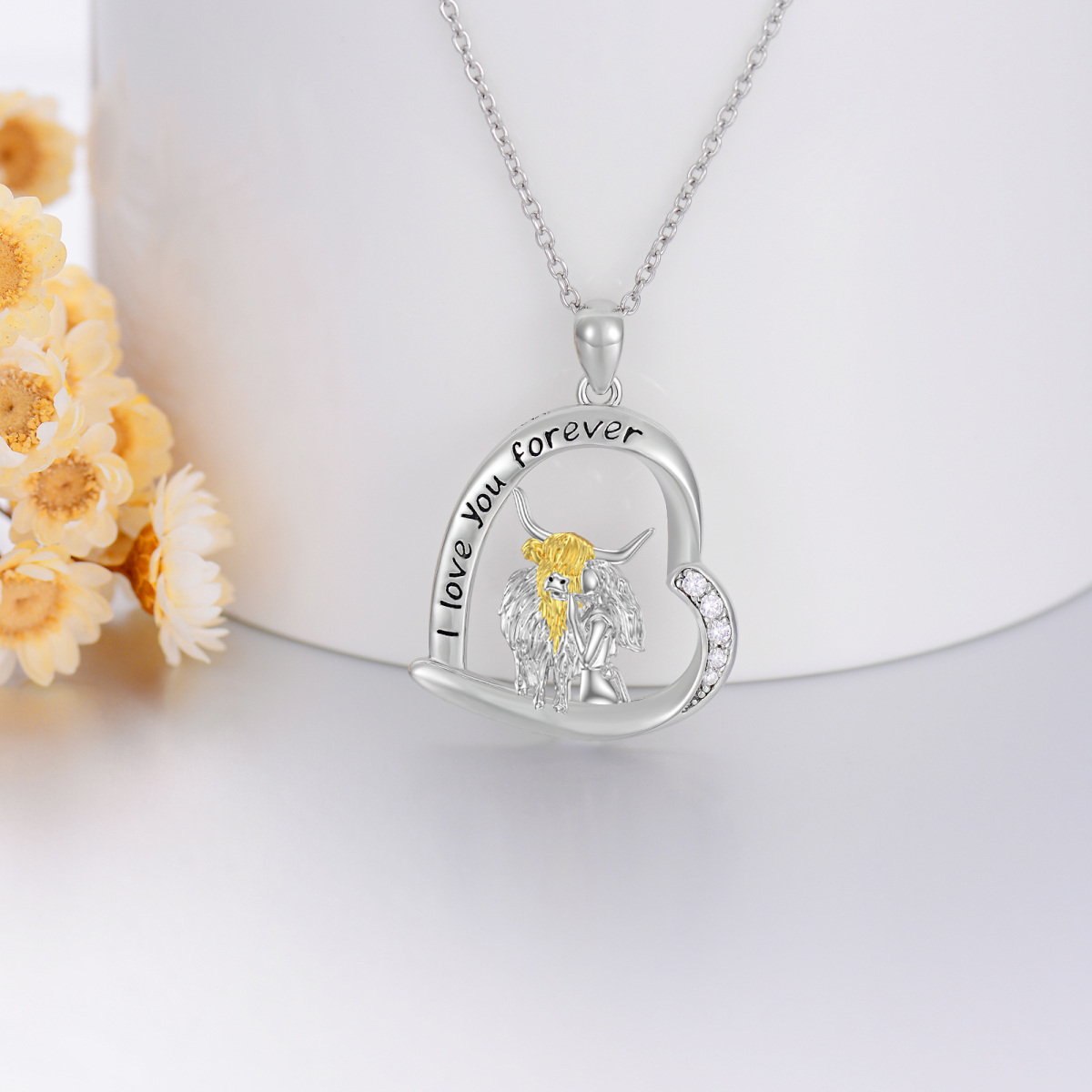 Sterling Silver Two-tone Cubic Zirconia Cow & Heart Pendant Necklace with Engraved Word-5