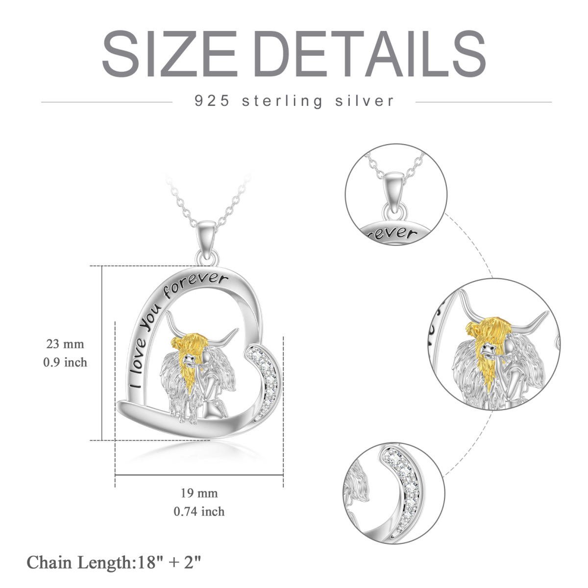 Sterling Silver Two-tone Cubic Zirconia Cow & Heart Pendant Necklace with Engraved Word-6