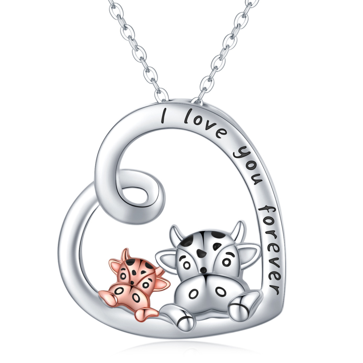 Sterling Silver Two-tone Cow & Heart Pendant Necklace-1