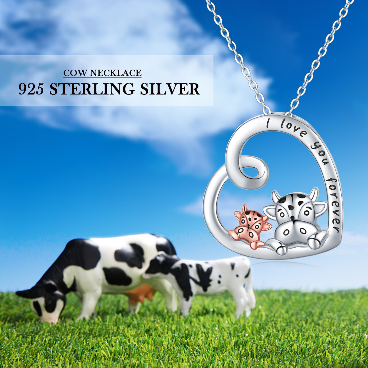 Sterling Silver Two-tone Cow & Heart Pendant Necklace-6