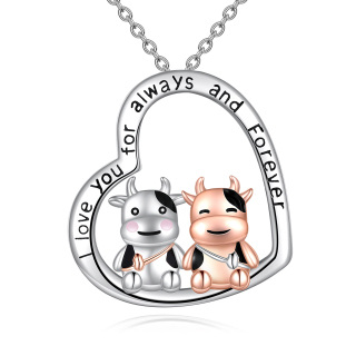 Sterling Silver Two-tone Cow & Heart Pendant Necklace with Engraved Word-33