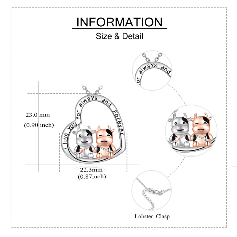 Colar de prata esterlina com pingente de vaca e coração em dois tons e palavra gravada-5