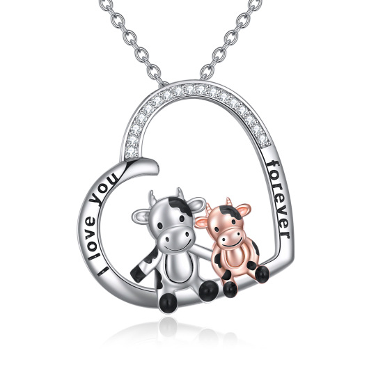 Collana con ciondolo a forma di cuore di mucca in argento sterling bicolore con zirconi cubici e parola incisa