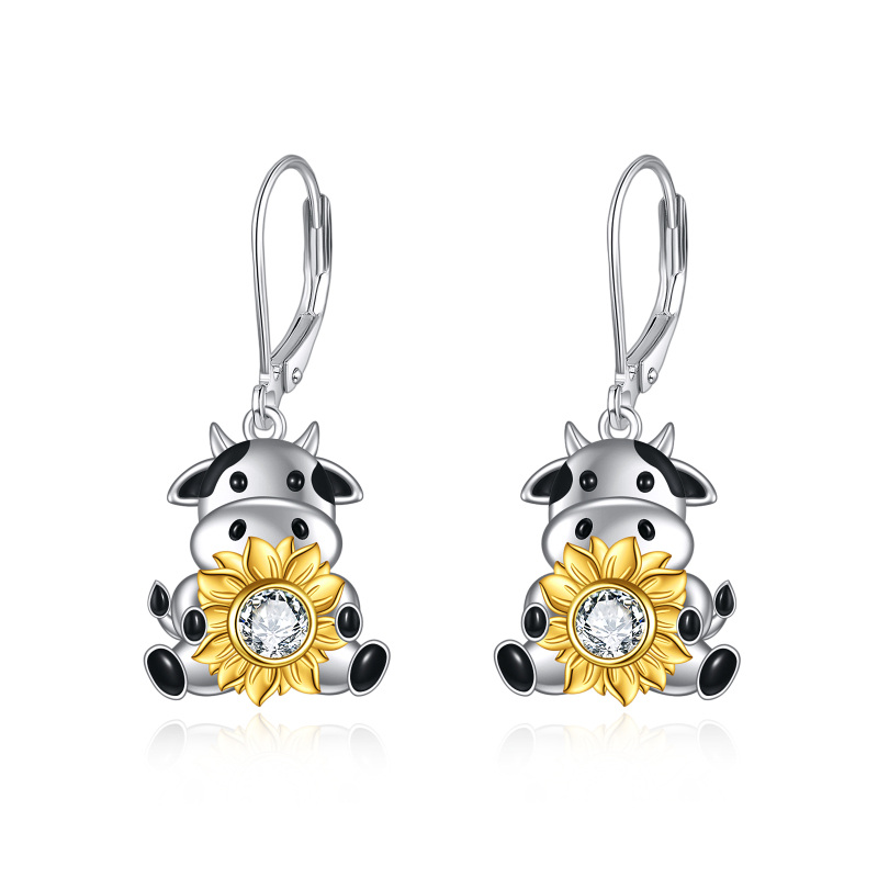 Sterling Silver Two-tone Cubic Zirconia Cow Lever-back Earrings