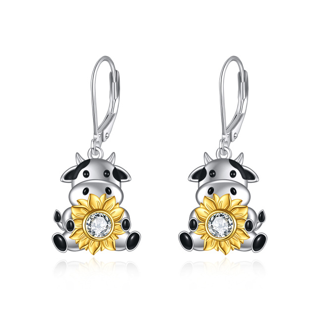 Sterling Silver Two-tone Cubic Zirconia Cow Lever-back Earrings-1