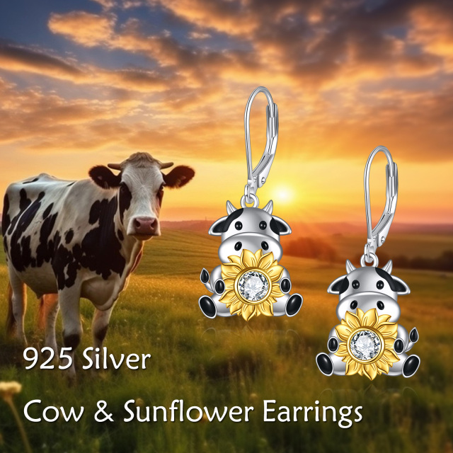 Sterling Silver Two-tone Cubic Zirconia Cow Lever-back Earrings-6