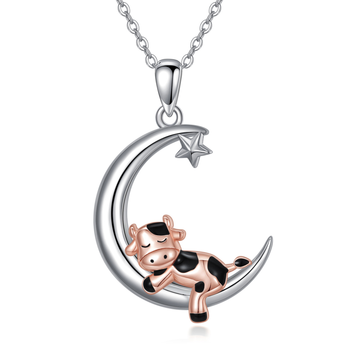 Sterling Silver Two-tone Cow & Moon Pendant Necklace-1