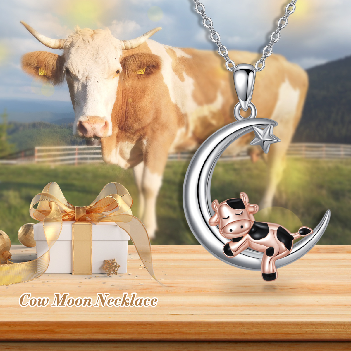 Sterling Silver Two-tone Cow & Moon Pendant Necklace-3