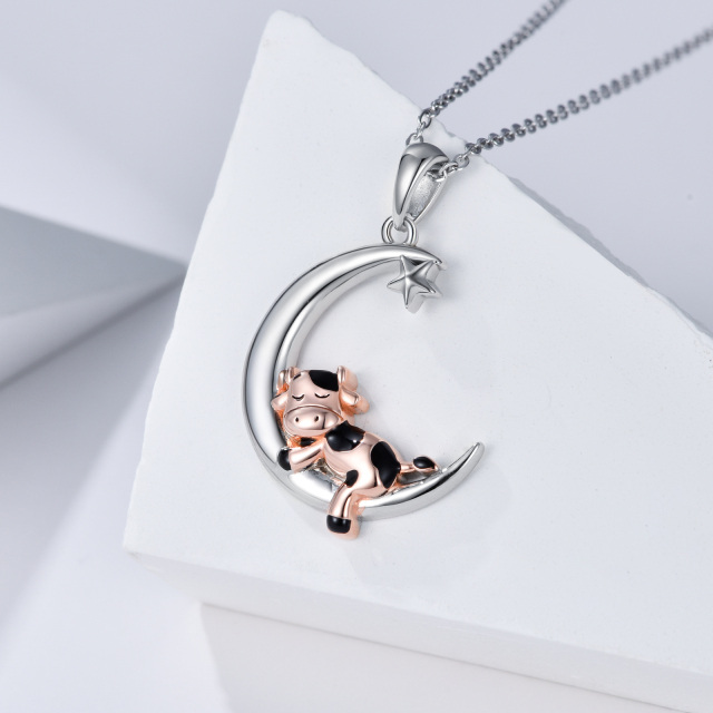 Collana con ciondolo a forma di mucca e luna in argento sterling bicolore-4